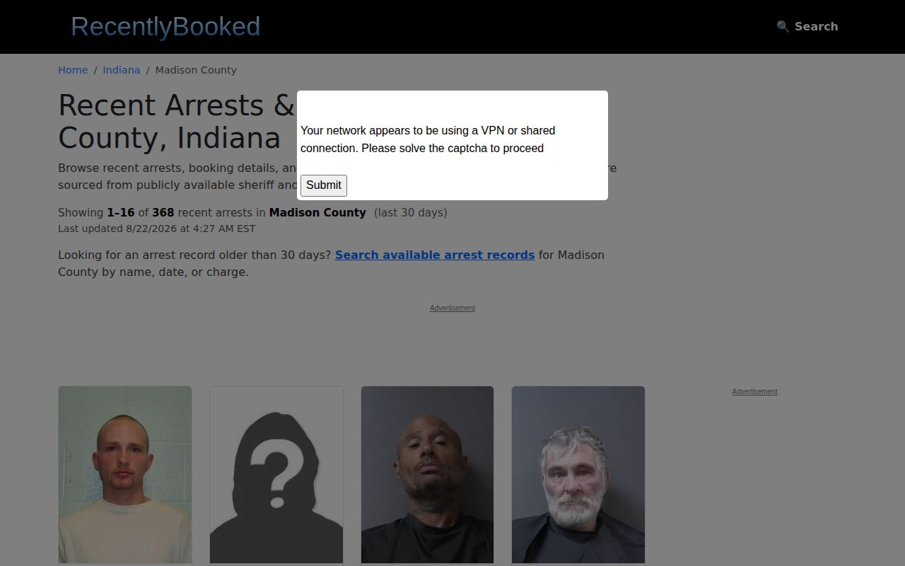 Unofficial Recently Booked Madison County mugshot index landing