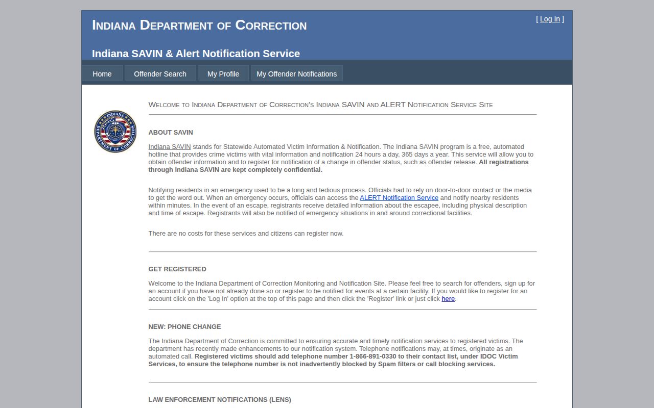 Indiana SAVIN custody notification landing page