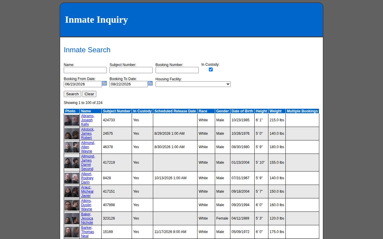 Official Madison County inmate inquiry search and date filters