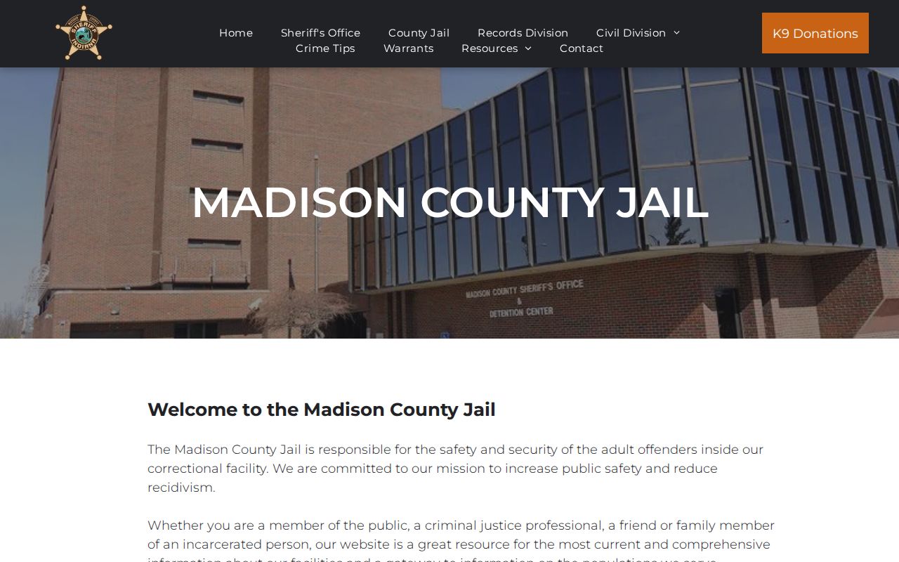 Madison County Sheriff jail page linking to inmate inquiry