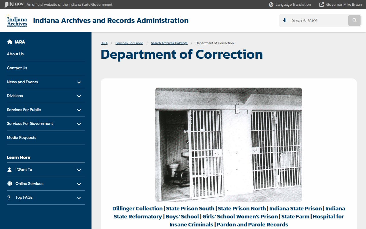 Indiana State Archives Department of Correction holdings