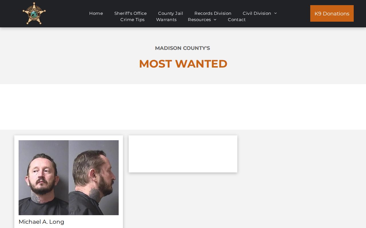 Madison County Sheriff selected wanted fugitives page context